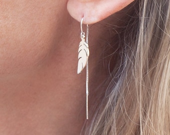 Feather Earrings, Threader Sterling Silver