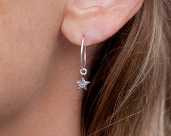 Diamond Star Hoop Earrings Sterling Silver