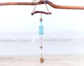 Wind Chime Amethyst, Green Quartz, Crystal Quartz, Vintage Indian Bell One of a Kind, handmade, repurposed, natural elements