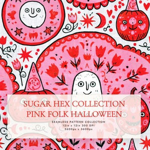 Puede incluir: Un patrón continuo con fantasmas blancos, calabazas rojas con gorros de fiesta, motivos florales rosas, estrellas y lunas crecientes sobre fondo blanco. Texto: SUGAR HEX COLLECTION PINK FOLK HALLOWEEN SEAMLESS PATTERN COLLECTION 30,48cm x 30,48cm 300 DPI 3600px x 3600px.
