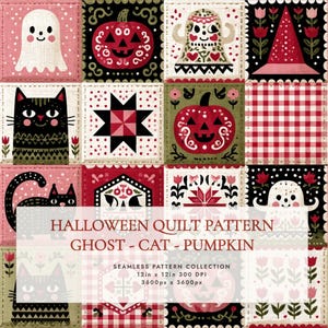 Halloween-quiltmönster | Rosa folklig lapptäcke | Digitalt papper med spökkatt och pumpablock | Sömlöst tryck med hallon och häxig Halloween