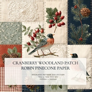 Cranberry Woodland Patch-Muster | Marineblau-Rost-Salbei-Weihnachtsstoff | Digitalpapier mit Rotkehlchen, Kiefernzapfen und Mistelzweig | Nahtloser Folk-Quilt-Druck