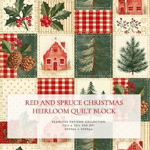Könnte beinhalten: Ein digitales Quiltblock-Muster mit einem Raster aus festlichen Quadraten, die Stechpalmen, Tannenzapfen, rote Häuser und Fichten zeigen. Das Design enthält rot-weißes Vichy-Karo, cremefarbene Punkte und den Text RED AND SPRUCE CHRISTMAS HEIRLOOM QUILT BLOCK SEAMLESS PATTERN COLLECTION 12in x 12in 300 DPI 3600px x 3600px.