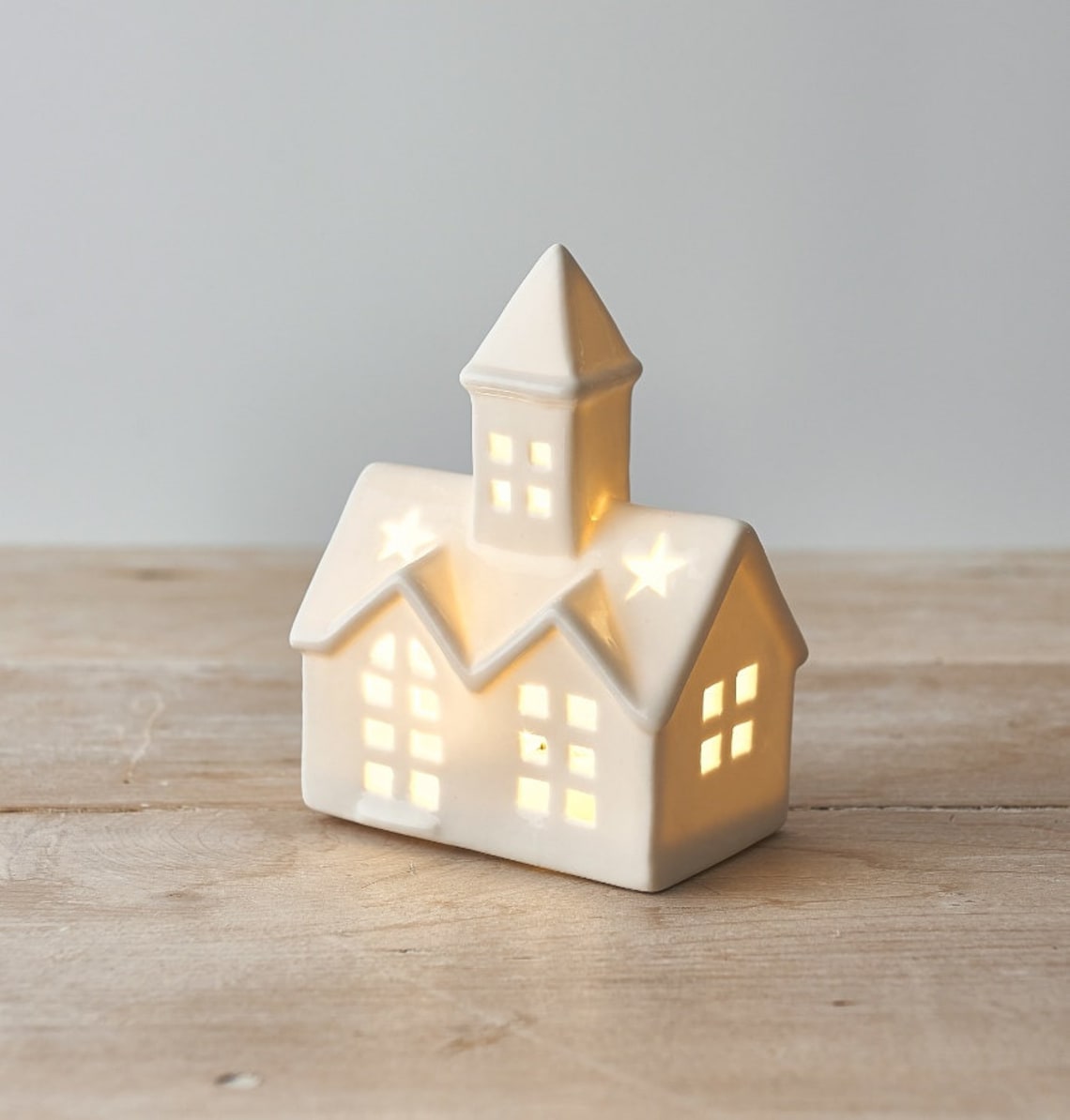White Ceramic Church With LED Lights Etsy