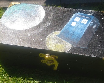 Doctor Who/Tardis hand painted and collaged wooden box