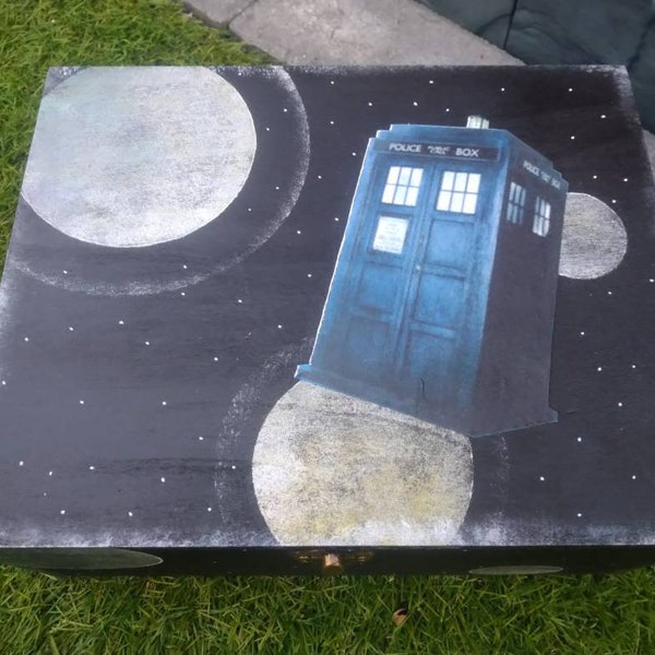 Handpainted and collaged large wooden Doctor who Tardis box