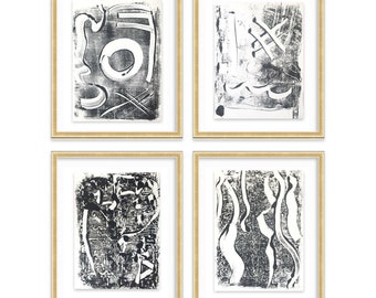 Original Black & White Abstract Paintings; Set of 4 or 8 Monoprints; Gallery Wall Art, Abstract Print Set, Minimalist Art, Black White Print