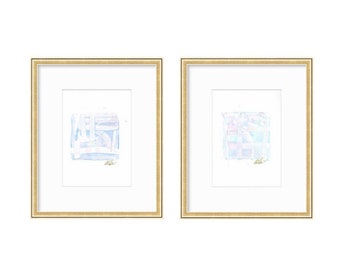 Abstract Watercolor Painting, Pair of 6”x8”, Mat Size 11”x14”, Abstract Art, Original Art, Blue, Pink, White, Artwork, Pastel Artwork