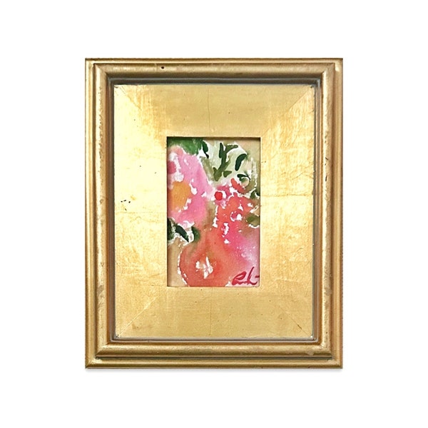 Framed Original Abstract Artwork, Mixed Media Painting (5”x7”) on Canvas, 8”x10”, Gold Frame, Neutral Wall Art, Minimal Art, Pink & Green