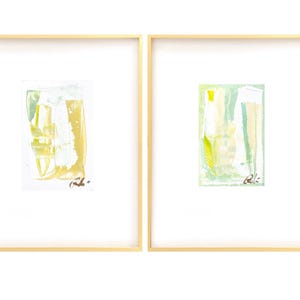 Aquarelle abstraite, paire de 5 x 7 pouces 11 x 14 tapis blanc, oeuvre d'art abstraite, peinture originale, oeuvre d'art rose et verte, petite oeuvre encadrée