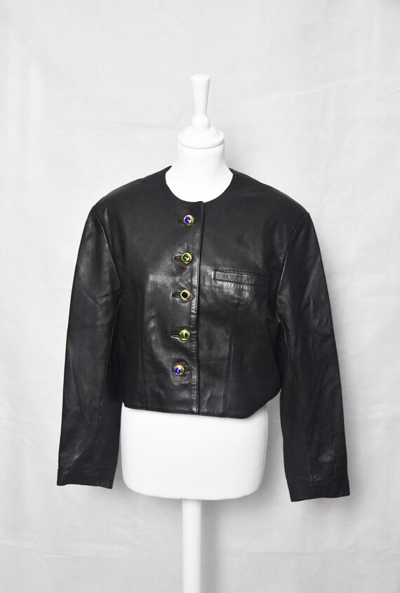 Short leather jacket 80's women's black leather j