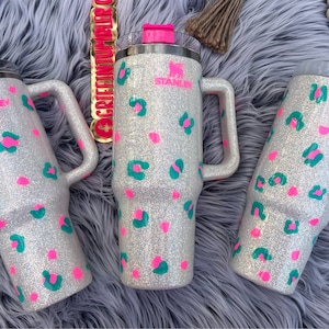 Stanley 40oz White Leopard Mint Teal / Hot Pink Glitter 20oz 30oz Yeti Non Yeti Tumbler Tiktok (PLEASE READ DESCRIPTION before Ordering)