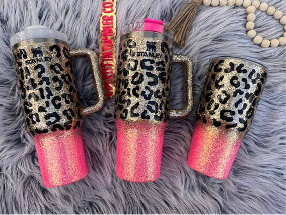 Leopard Print Glitter Tumbler, Hot Pink and Gold, 30 or 40 oz