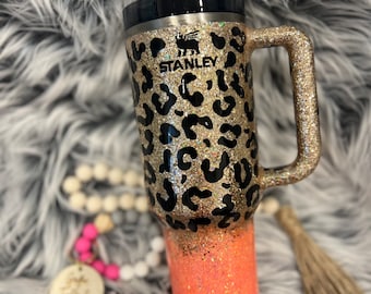 40oz Leopard CORAL & Gold Cheetah Glitter Stanley OR DUPE Tumbler