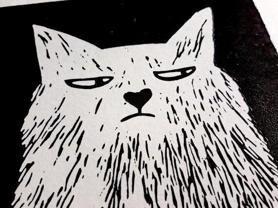 Linogravure Chat Grognon Etsy Linogravure Chat Grognon Etsy
