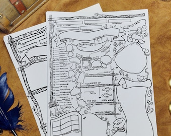 May include: A black and white character sheet for a tabletop role-playing game. The sheet features a whimsical design with mushrooms, flowers, and a scroll. The sheet includes sections for character name, class, level, background, experience, saving throws, skills, attacks, spellcasting, features, and traits.