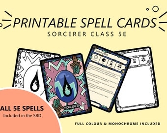 May include: Printable spell cards for the Sorcerer class in Dungeons and Dragons 5th Edition. The cards feature a colorful design with a blue and green background and a black and white outline. The text on the cards reads "Lightning Bolt" and "Sorcerer".