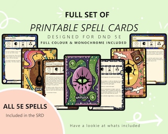 May include: A set of printable Dungeons and Dragons spell cards featuring colorful illustrations and text. The cards are designed for use with the 5th edition of the game and include all spells from the SRD. The text on the cards includes "Full Set of Printable Spell Cards Designed for DND 5E Full Colour & Monochrome Included" and "All 5E Spells Included in the SRD".