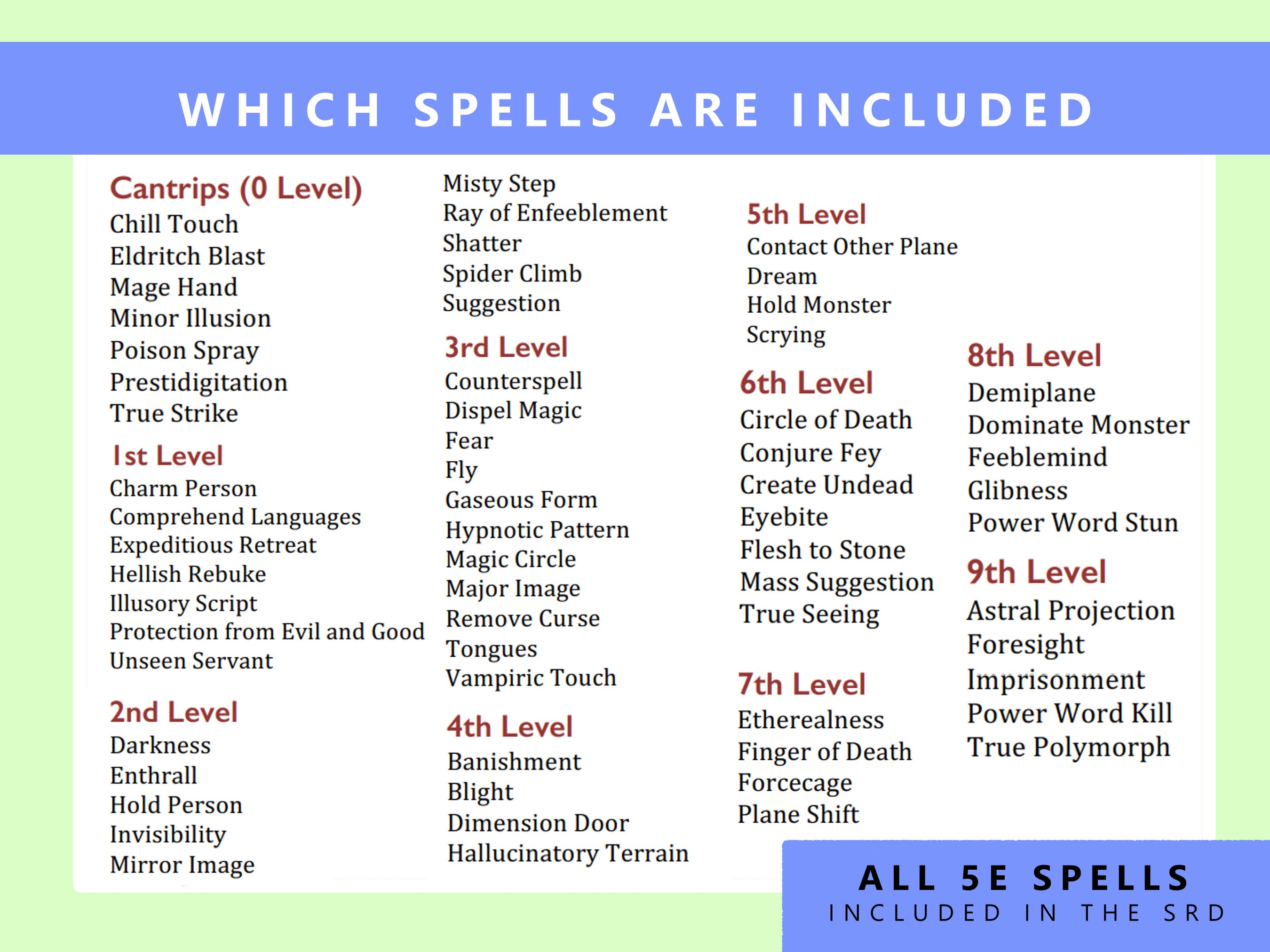 All 5E Spells Warlock Spell Cards Dnd 5e Full Colour Printable Etsy