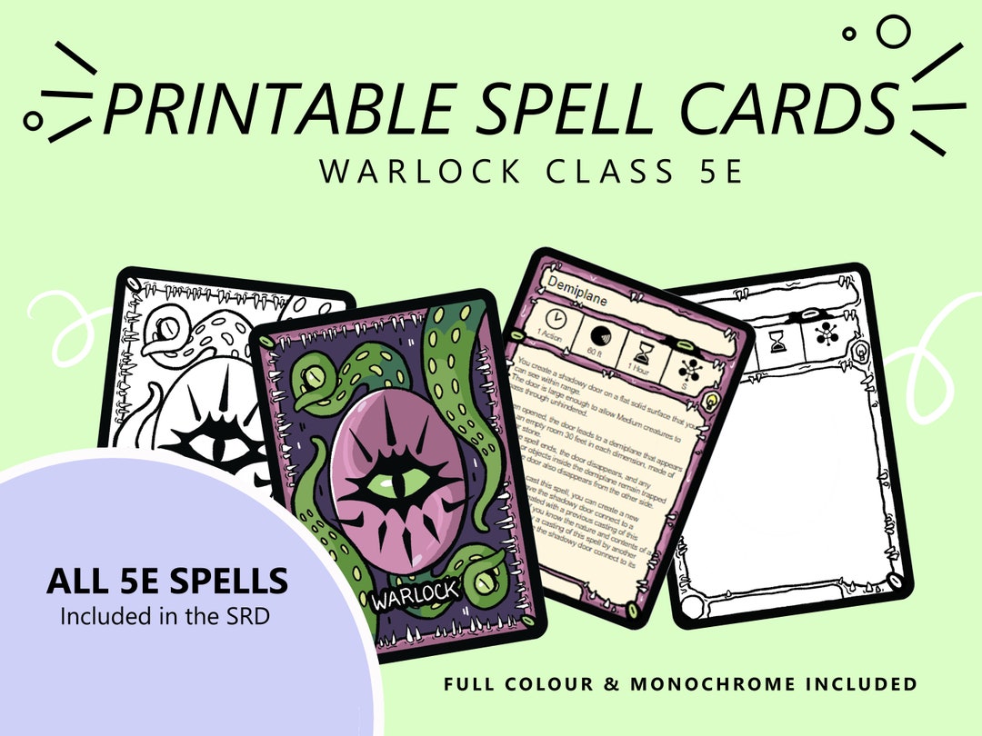 All 5E Spells Warlock Spell Cards Dnd 5e Full Colour Printable Etsy