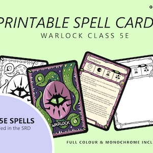 Todos los hechizos 5E / Tarjetas de hechizos de brujo / DnD 5e / A todo color / Imprimible