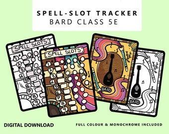 Puede incluir: Un rastreador de espacios de hechizos imprimible para Dungeons and Dragons 5ª Edición (D&D 5e) con un tema de clase de bardo. El rastreador incluye una versión a color y monocroma con un laúd y notas musicales.
