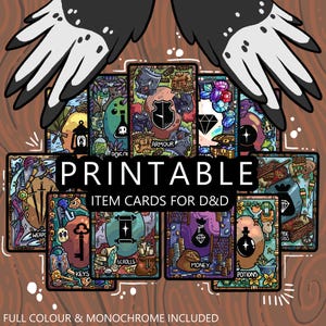 Op de afbeelding: Printbare itemkaarten voor Dungeons and Dragons, met kleurrijke illustraties van verschillende items, waaronder wapens, bepantsering, sleutels, rollen, geld, drankjes en dobbelstenen. De kaarten zijn gelabeld met het itemtype en hebben een grillige, cartoonachtige stijl.