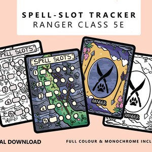 Pode incluir: Dois rastreadores de slots de feitiços imprimíveis para Dungeons and Dragons 5ª edição. Um rastreador é em cores com um fundo verde, azul e castanho. O outro rastreador é em preto e branco. Ambos os rastreadores apresentam um símbolo de ranger com um arco e uma flecha cruzados e a palavra "Ranger".