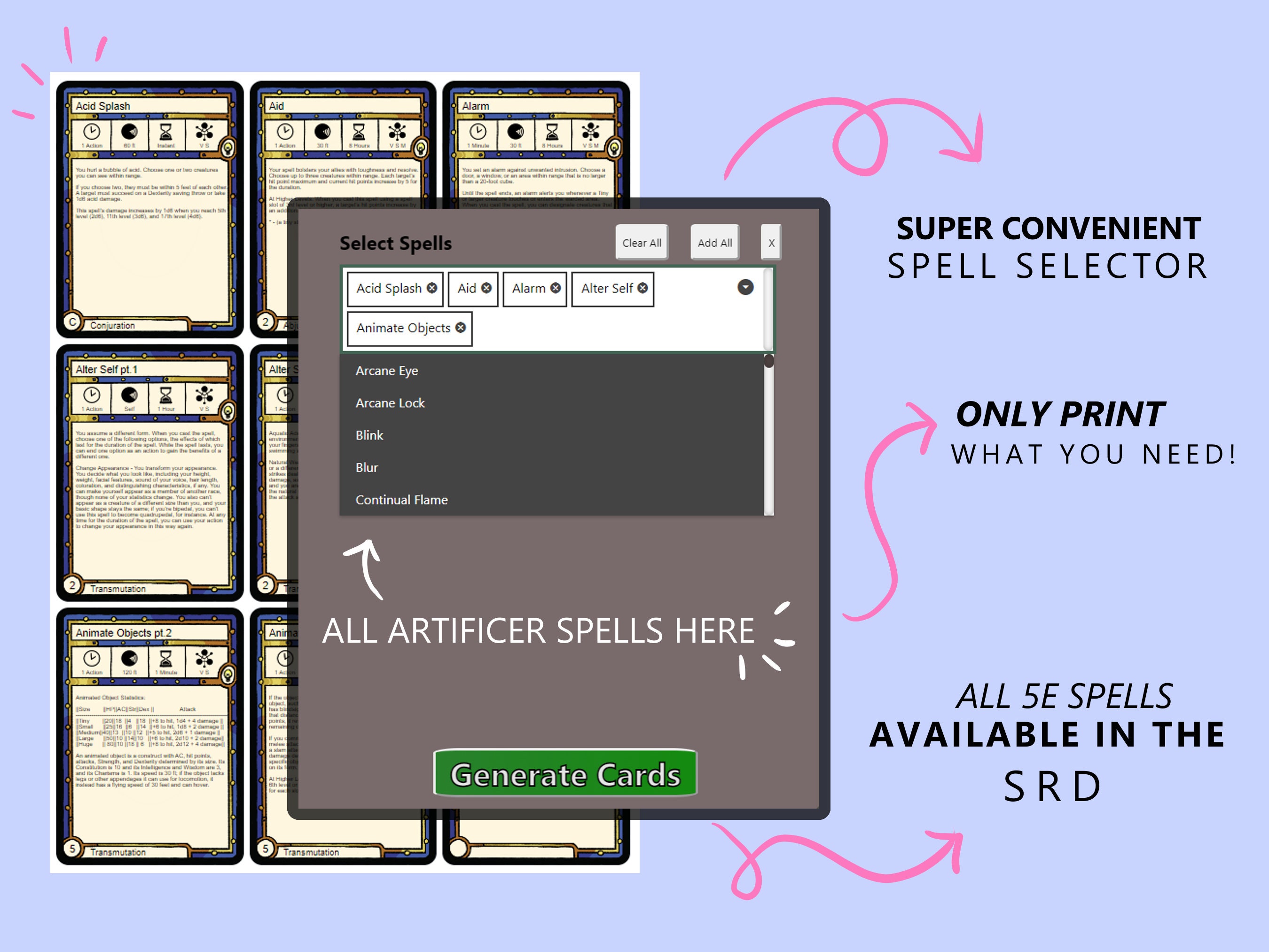 All 5E Spells Artificer Spell Cards Dnd 5e Full Colour Printable Etsy