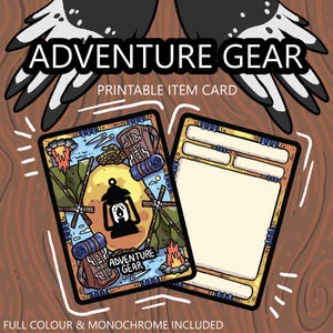 Könnte beinhalten: Druckbare Karte mit einer farbenfrohen Illustration von Campingausrüstung, darunter eine Laterne, ein Rucksack, ein Zelt und ein Lagerfeuer. Die Karte hat einen leeren Platz zum Schreiben und den Text "Adventure Gear" und "Printable Item Card".
