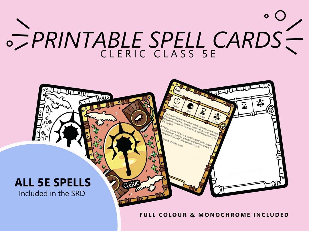 All 5E Spells Cleric Spell Cards Dnd 5e Full Colour Printable Etsy