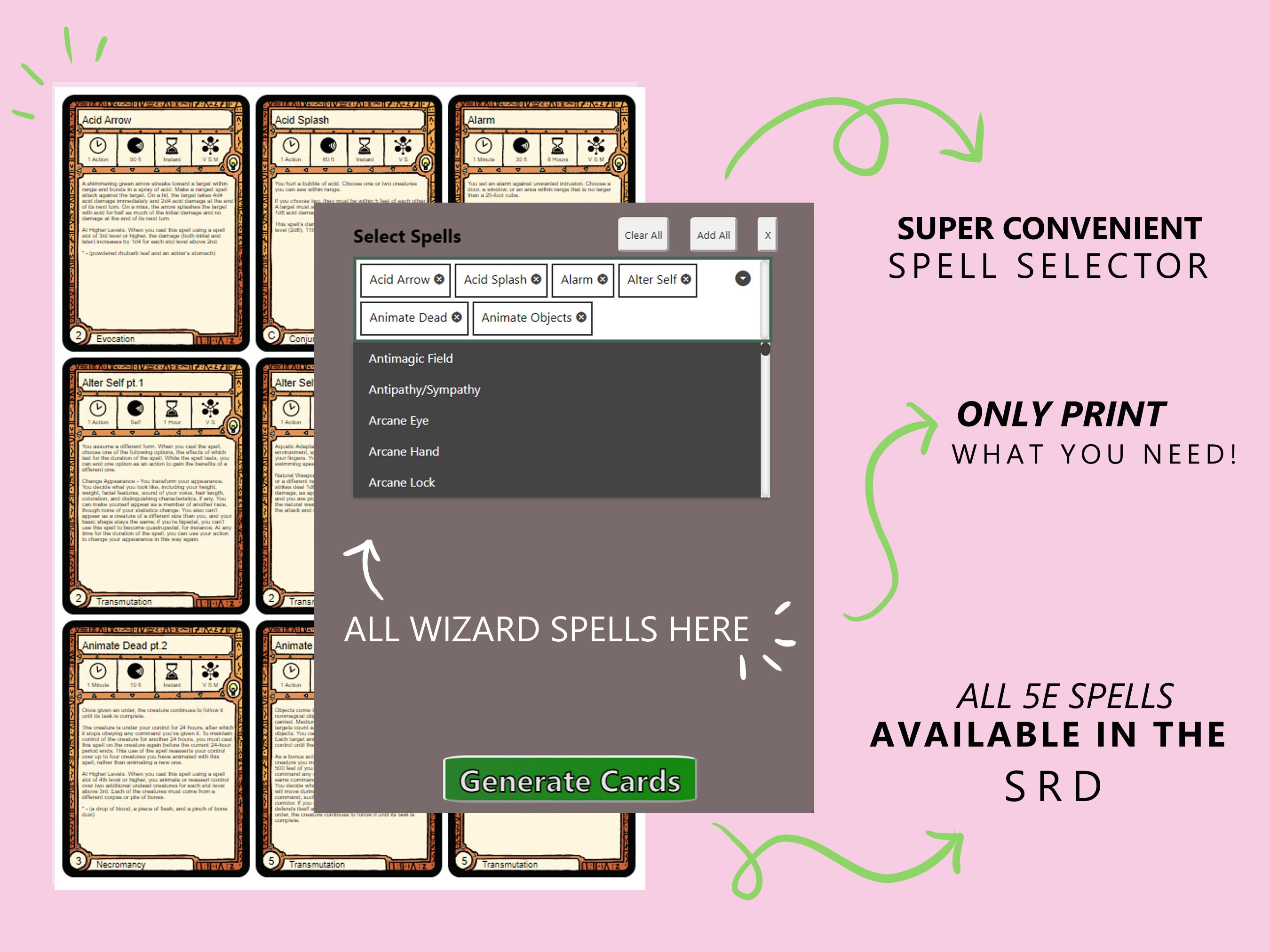All 5E Spells Wizard Spell Cards Dnd 5e Full Colour Etsy