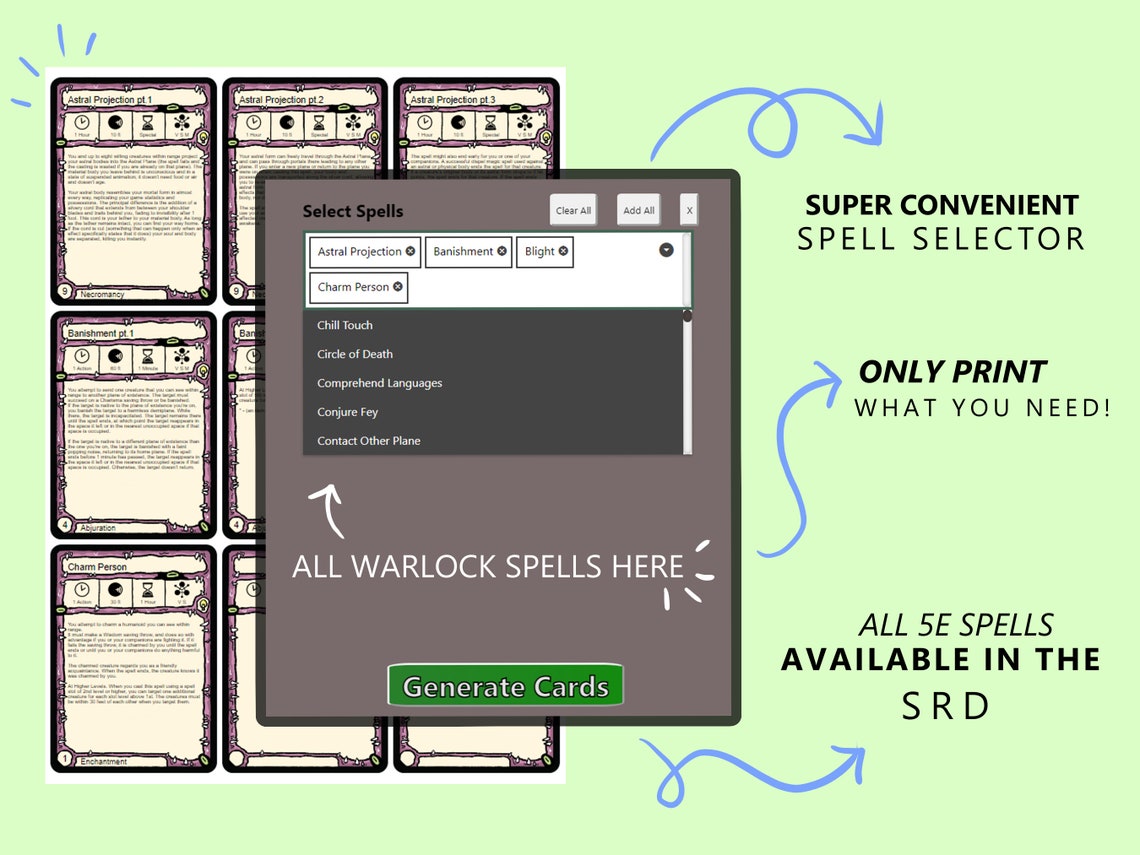 All 5E Spells Warlock Spell Cards Dnd 5e Full Colour Printable Etsy