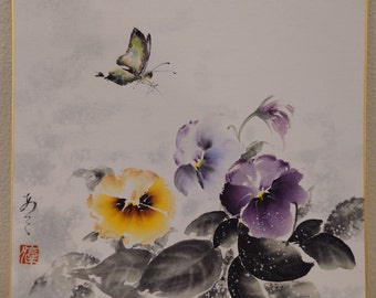 Pansy and Butterfly, Original Japanese Sumi-e, by Atsuko