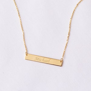 14K Solid Gold Bar Necklace, Personalized Bar Necklace , Custom Name Bar Necklace 14k Solid Gold Engravable Horizontal Bar Necklace