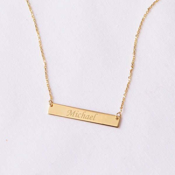 14K Solid Gold Bar Necklace, Personalized Bar Necklace , Custom Name Bar Necklace 14k Solid Gold Engravable Horizontal Bar Necklace