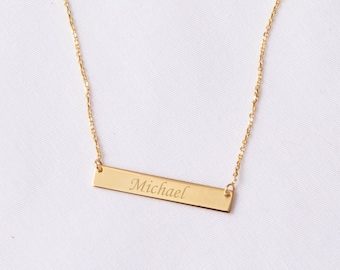 Collar de barra personalizado de oro macizo de 14 quilates: nombre e iniciales grabables