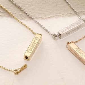 14K Solid Gold Horizontal Bar Cremation Necklace, Personalized Urn Pendant for Ashes, Memorial Keepsake Jewelry for Human or Pet Ashes