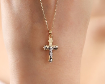 14K Solid Gold Crucifix Pendant, Dainty Cross Necklace