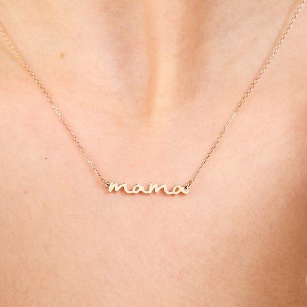 14K Solid Gold Mama Necklace, 18K Gold New Mama Necklace, Plain Yellow Gold Minimalist Mother Necklace Mom Gift Perfect Gift For Mothers Day