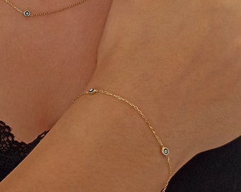 Bracciale in oro 14K per il malocchio, braccialetto smaltato turco per la protezione del malocchio, piccolo occhio greco elegante braccialetto in oro regalo per la mamma o regalo di compleanno