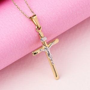 14K Solid Gold Crucifix Necklace: Two-Tone Jesus Cross Pendant