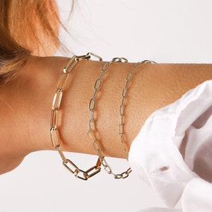 14K Gold Paperclip Chain Bracelet, Real Gold Paper Clip Link Bracelet, 3 Different Sizes Rectangle Link Bracelet, Gift For Mom Gift For Wife