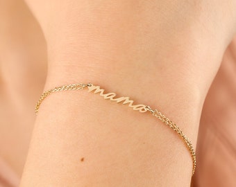 14K Solid Gold Mama Bracelet, Dainty Mother's Jewelry