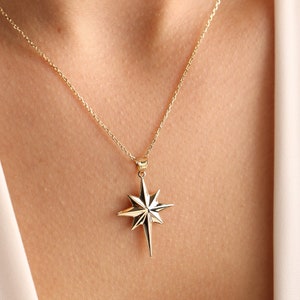 14k Solid Gold North Star Necklace, Polaris Pendant, Minimalist 3D Northern Star Charm Necklace, Star Celestial Guide Jewelry Gift For Her