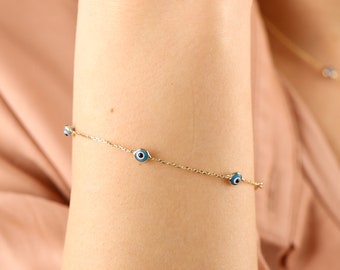 14K Gold Evil Eye Bracelet, Turkish Evil Eye Protection Bracelet, Blue Tiny Greek Eye Stylish Gold Bracelet Gift For Mom Or Birthday Gift