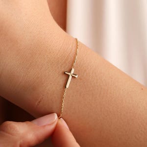 14K Solid Gold Cross Bracelet: Minimalist Sideways Christian Jewelry