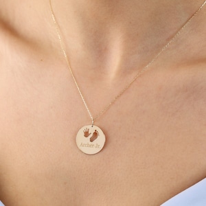 14K Gold Personalized Baby Foot Print Disc Necklace, Custom Name Hand print Necklace, Cut Out New Born Pendant, New Mom Gift For Mothers