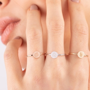 14K Real Gold Custom Disc Ring, 18K Personalized Tiny Solid Gold Initial Ring, Solid Gold Engravable Zodiac Ring Gift For Her Gift For Mom