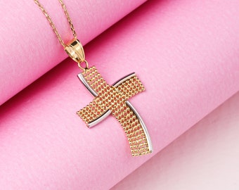 14K Gold Cross Necklace, Hand Made Cross Pendant is First Communion Gift, Confirmation Gift, Gift For Christmas Gift For Mother Baptism Gift